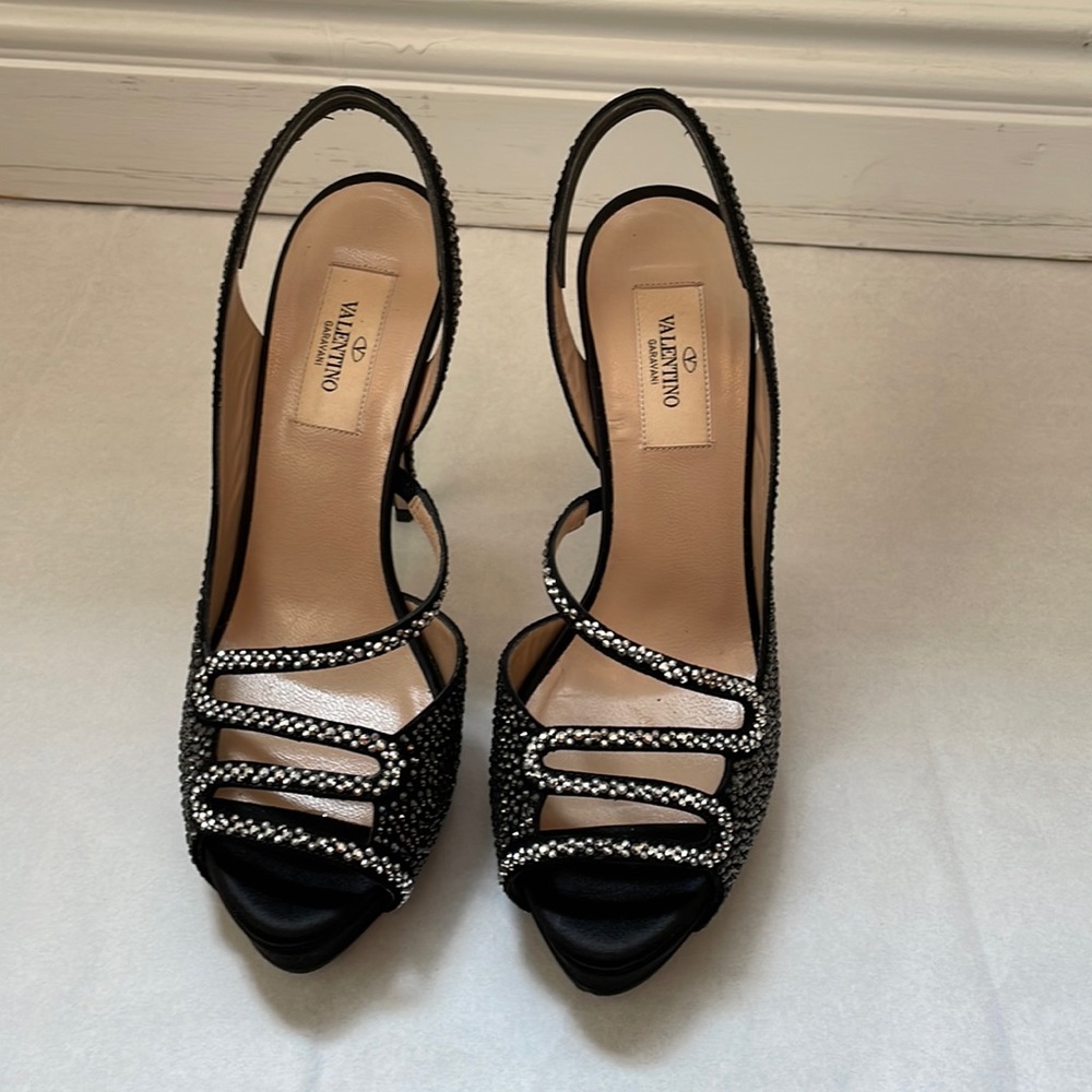 Valentino black satin and crystal embellished evening sandal. US 8, IT 38.